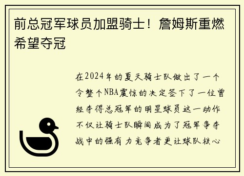 前总冠军球员加盟骑士！詹姆斯重燃希望夺冠